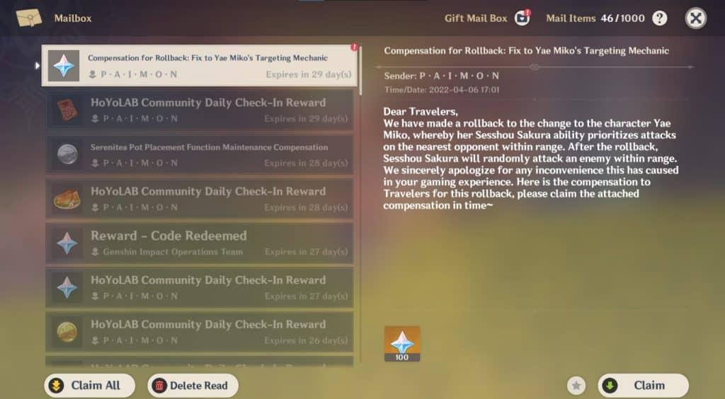 Genshin Impact mail regarding Yae Miko fix revert