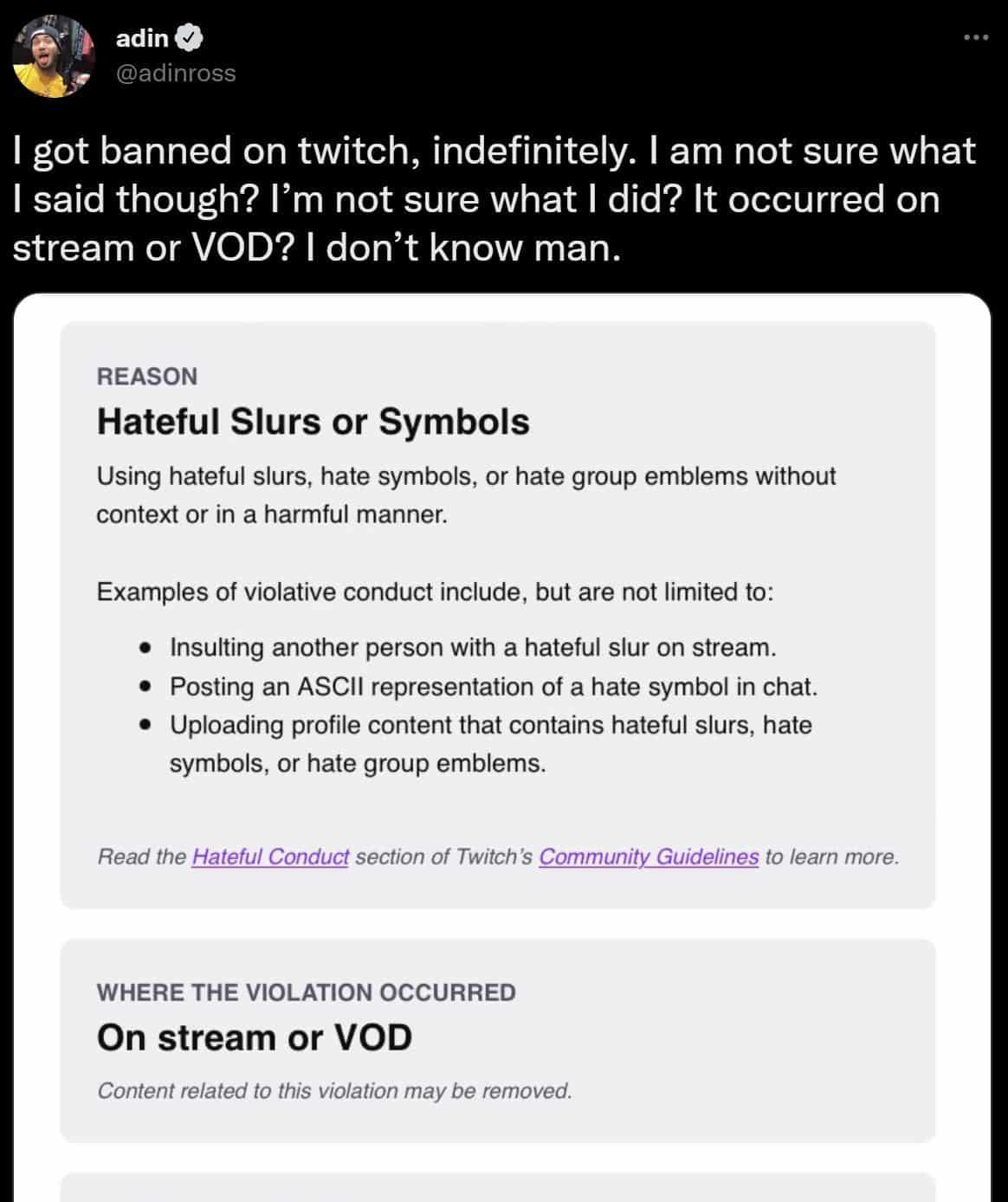 Adin Ross Twitch ban tweet