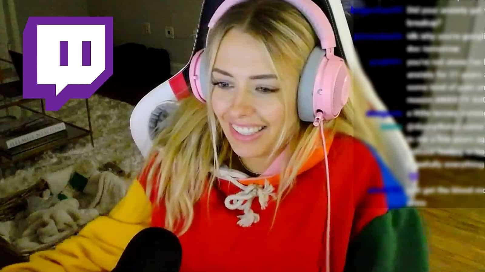 corinna kopf twitch stream with blurred chat and twitch logo in corner