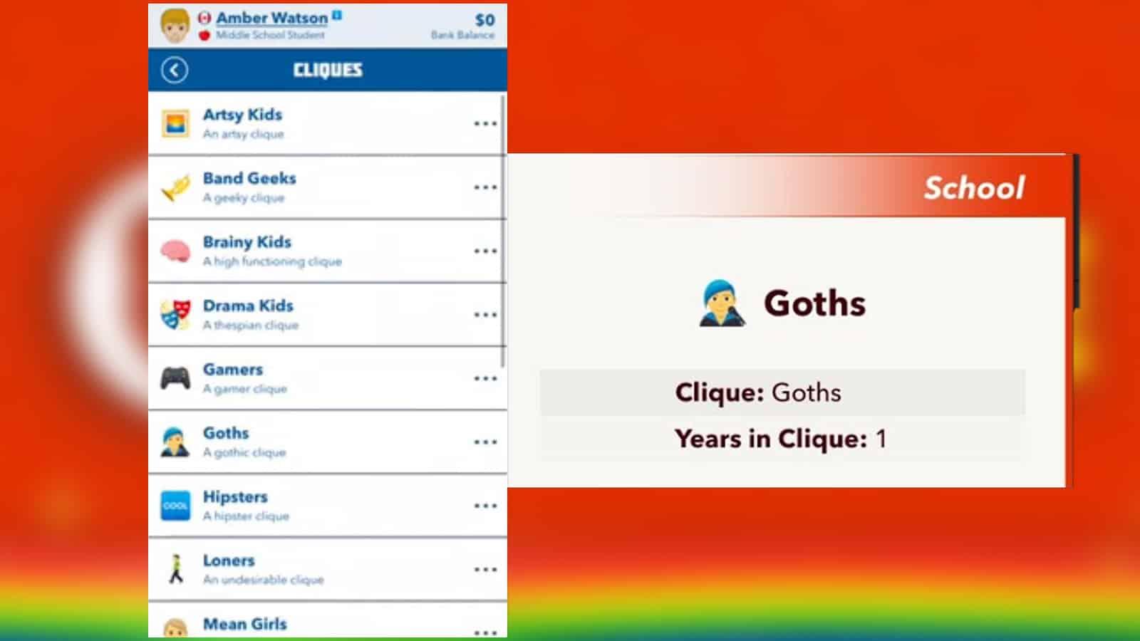 Bitlife in-game menu showcasing cliques