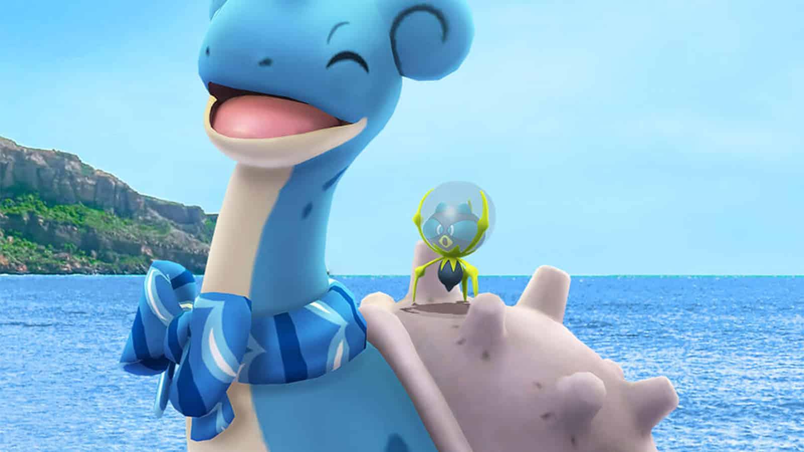 Araquanid riding on Lapras in Pokemon GO