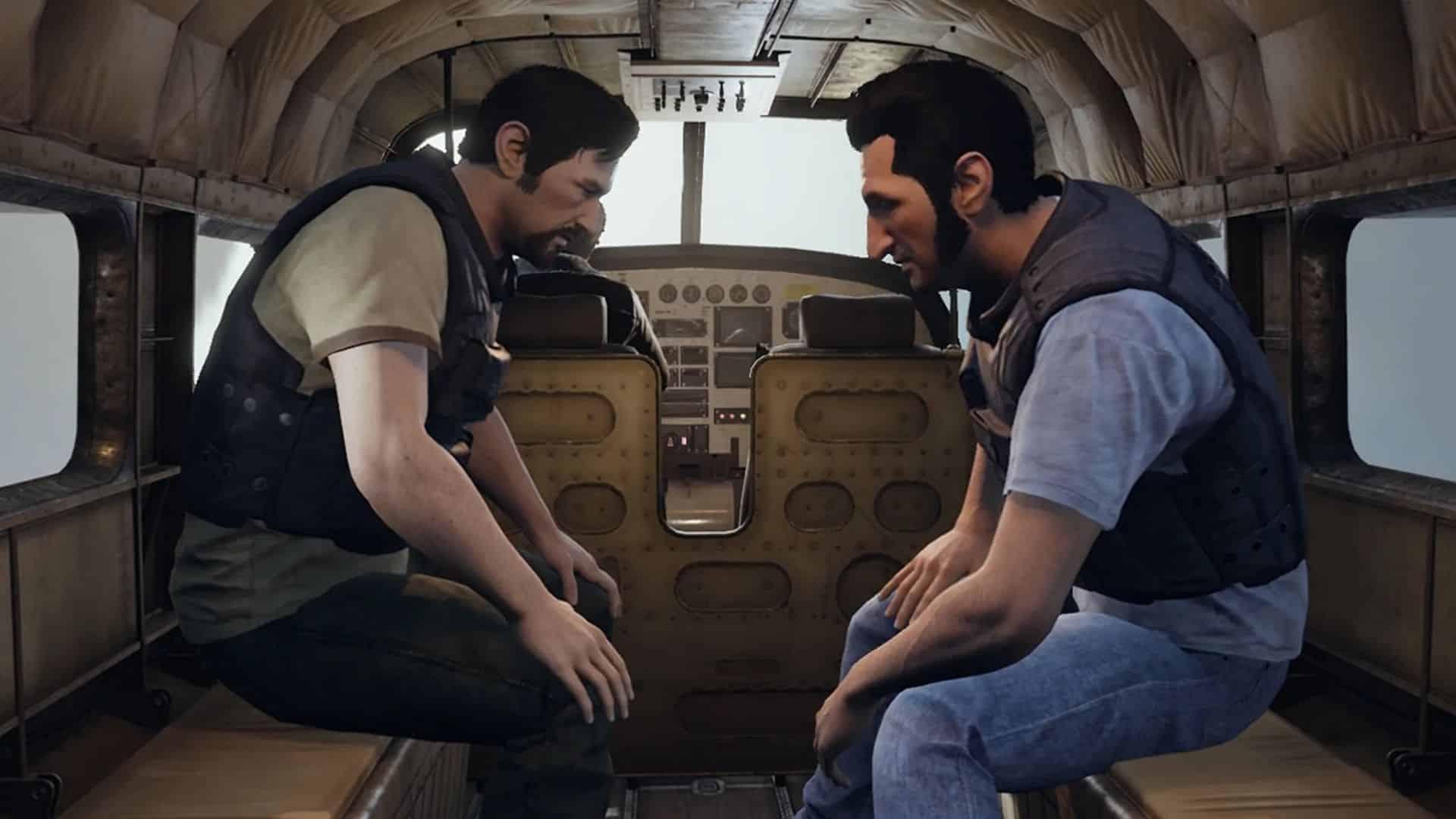 leo and vincent sitting in a plane in a way out