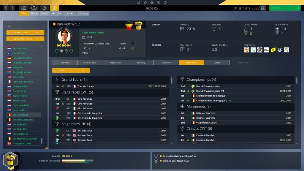 Pro Cycling Manager 2022 screenshot showcasing a rider's stats