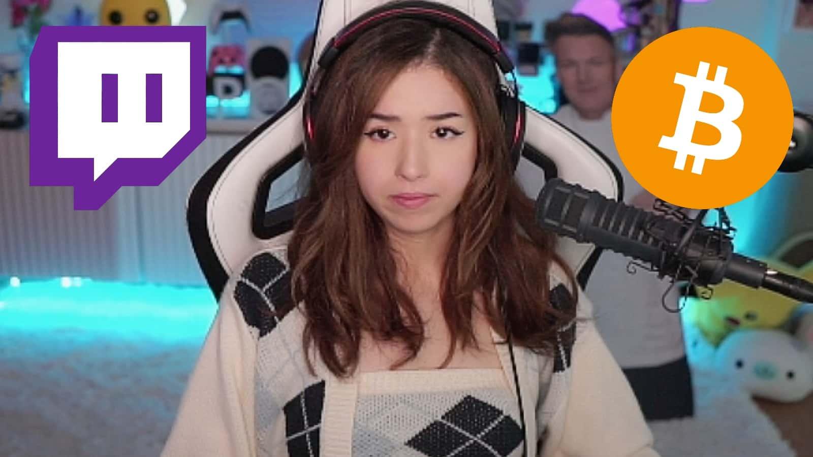 Pokimane in Twitch stream with Twitch logo and Bitcoin logo