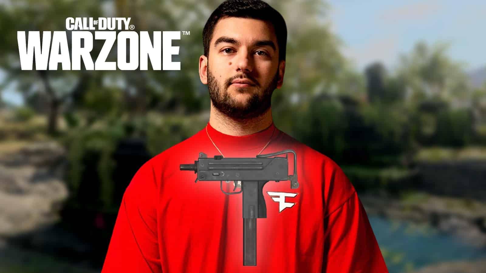 FaZe Booya on blurred Caldera background with Mac 10 and Warzone logo