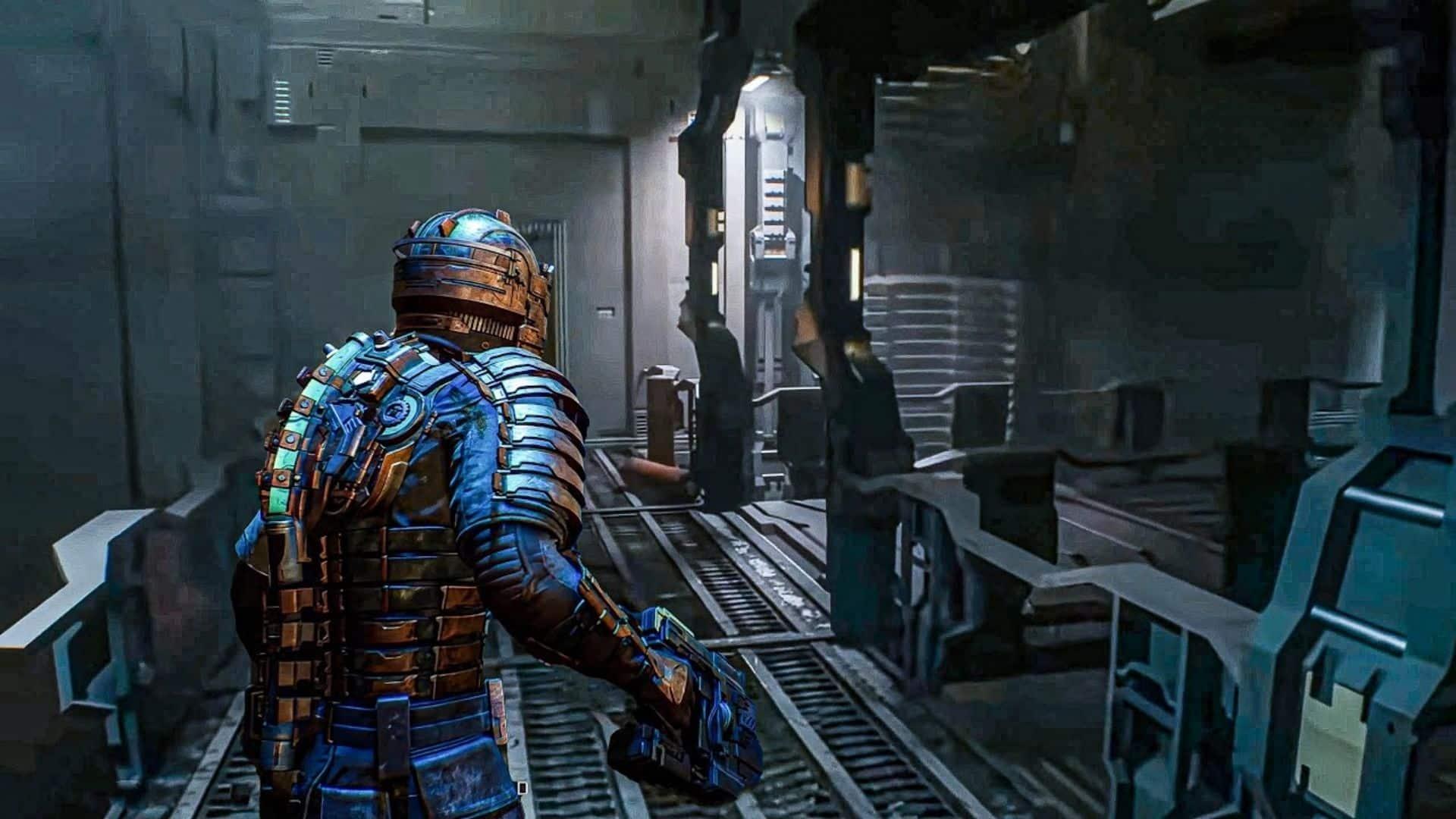 isaac clarke walking down hally way in dead space remake