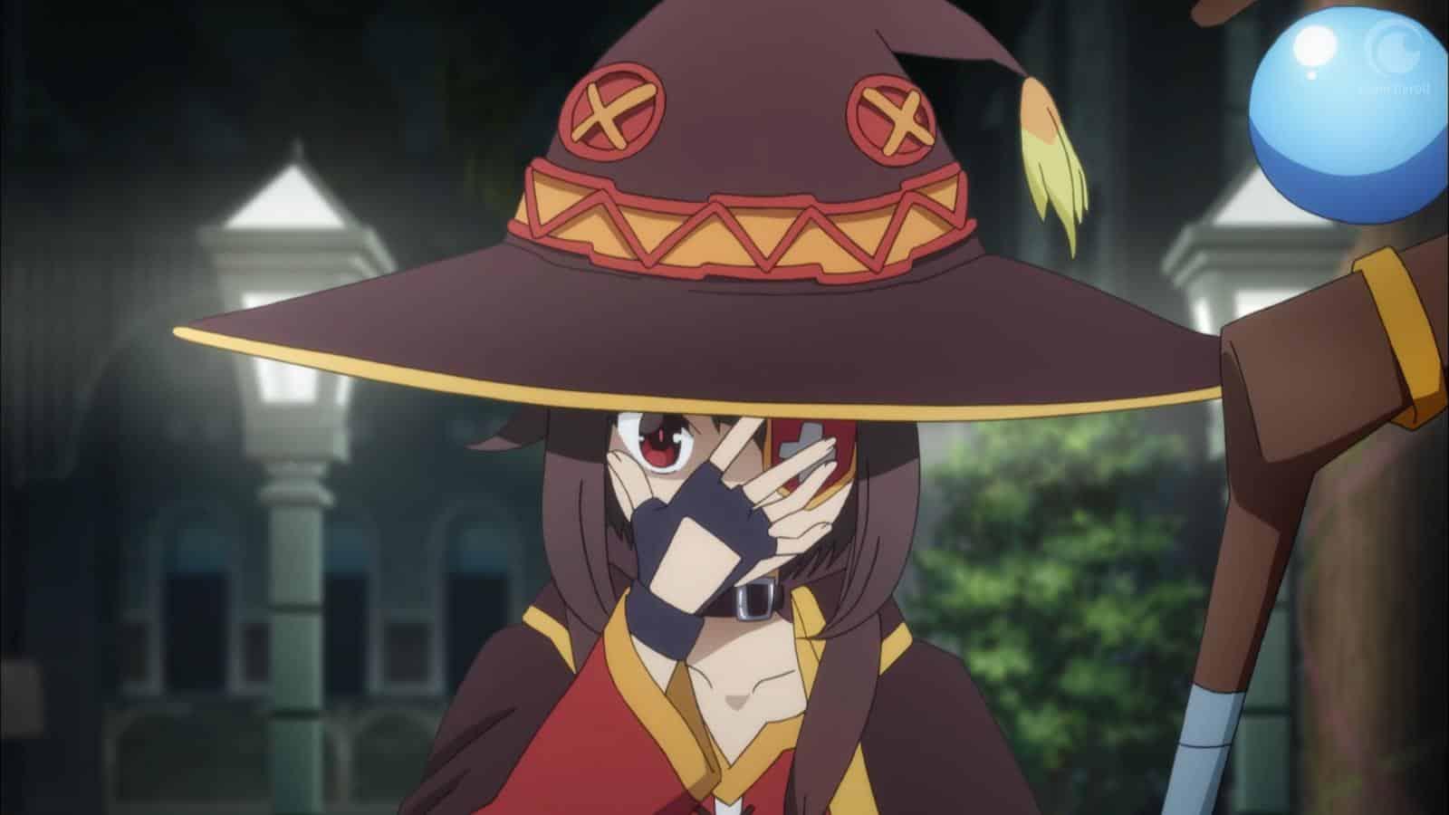 Megumin hides behind her hand in KonoSuba