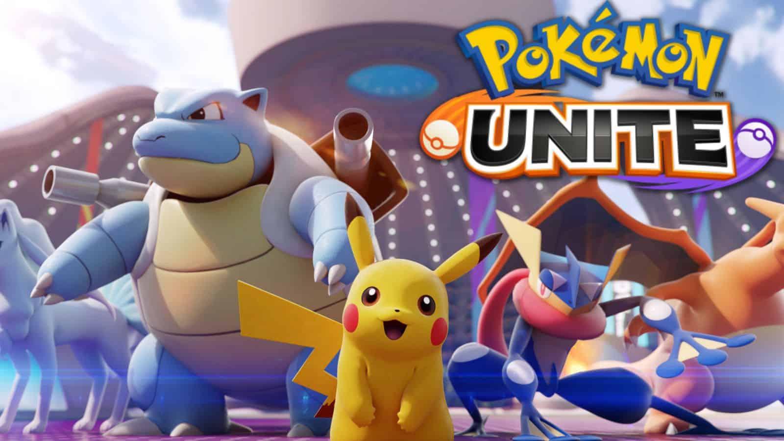 pokemon unite key art pikachu blastoise greninja logo