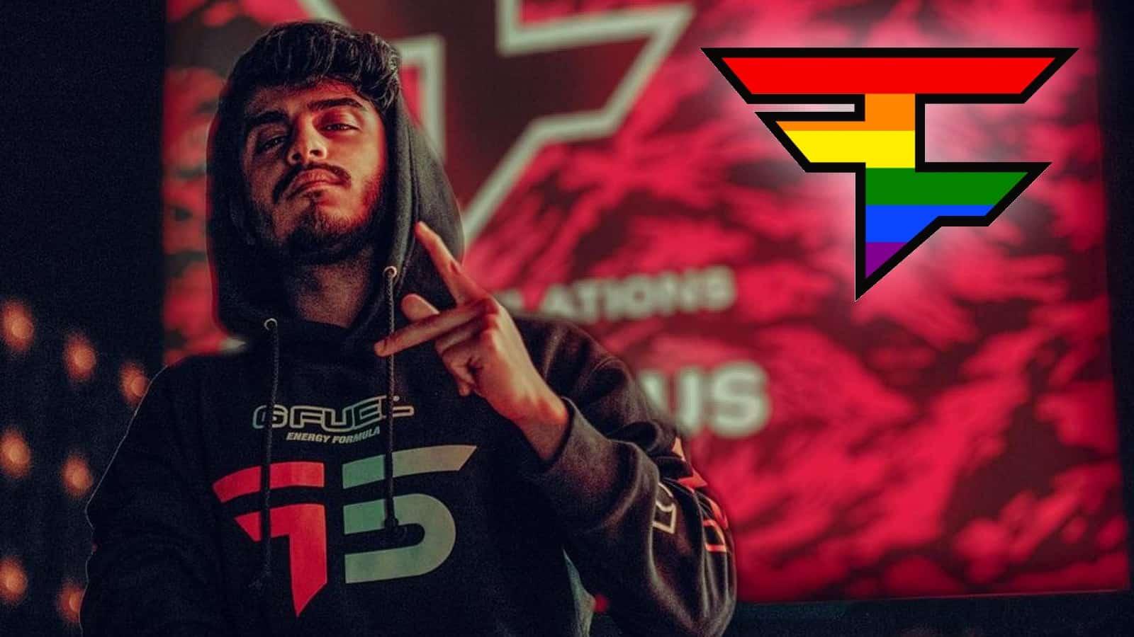 faze virus in faze clan announcement picture with lgbtq-themed FaZe Clan logo in corner