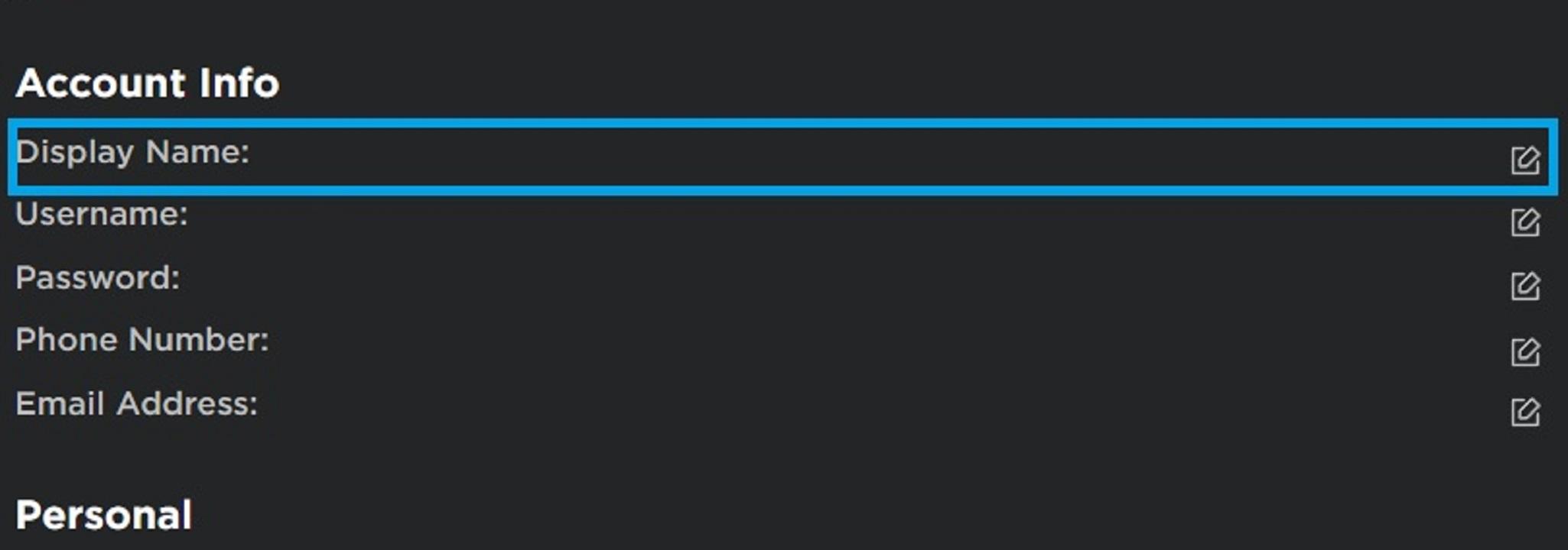 screenshot of the account info tab where you can change your display name in Roblox