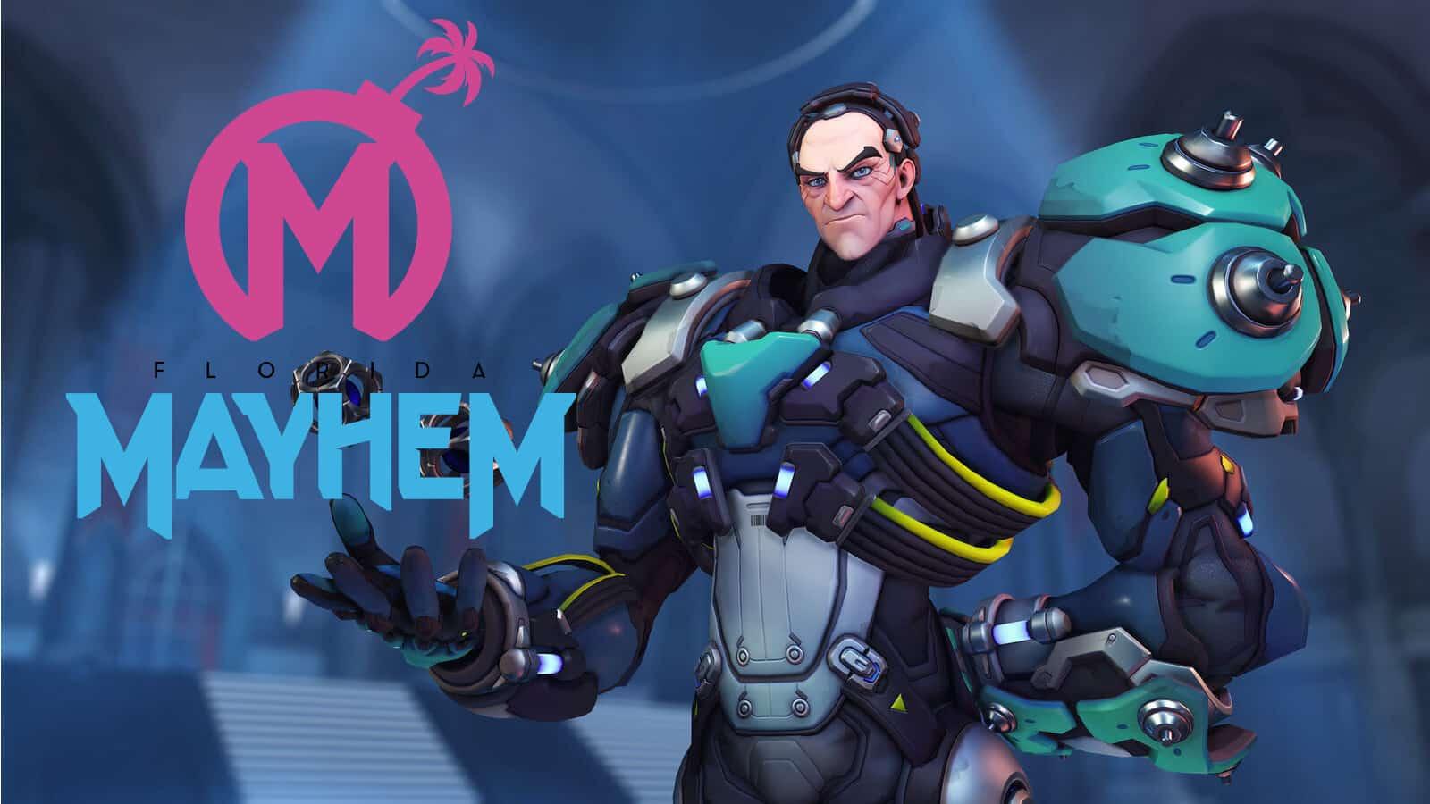 Sigma from Overwatch with the Florida Mayhem logo