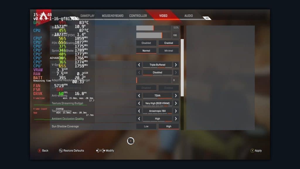 Default settings for Apex Legends on Steam Deck