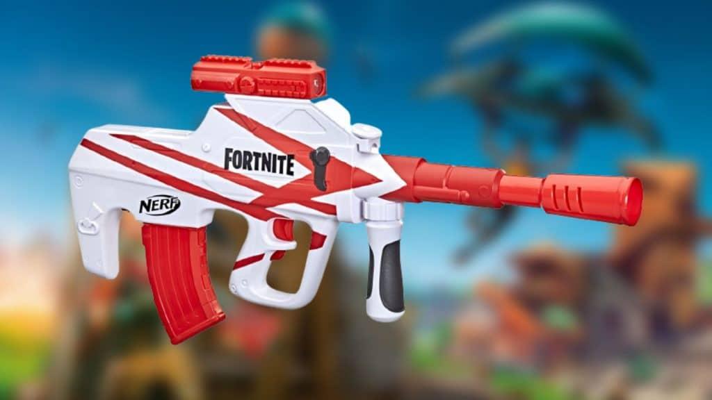 Nerf blaster in front of Fortnite background