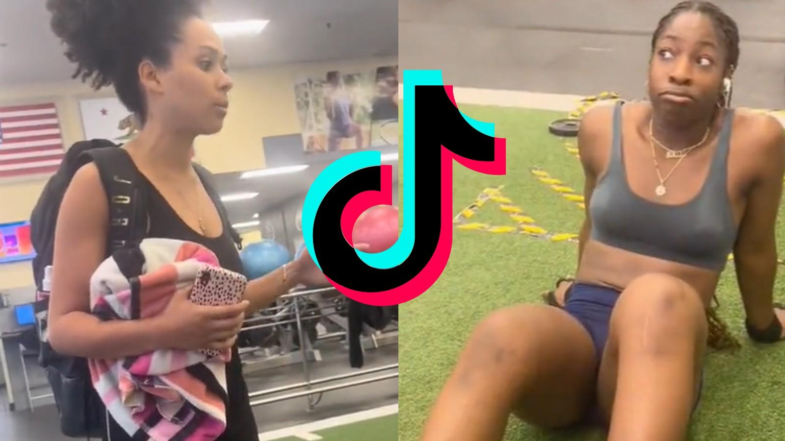 Two women in the gym arguing on TikTok with the TikTok logo