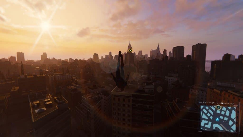 Spider-Man falling through the air in New York