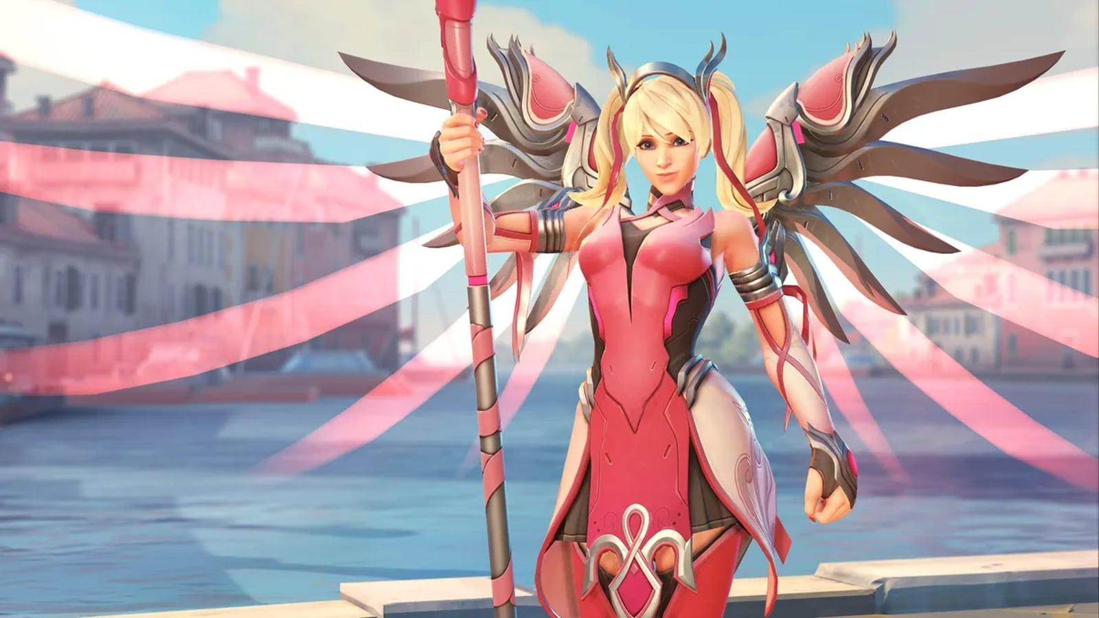 Mercy's breast cancer awareness skin in Overwatch