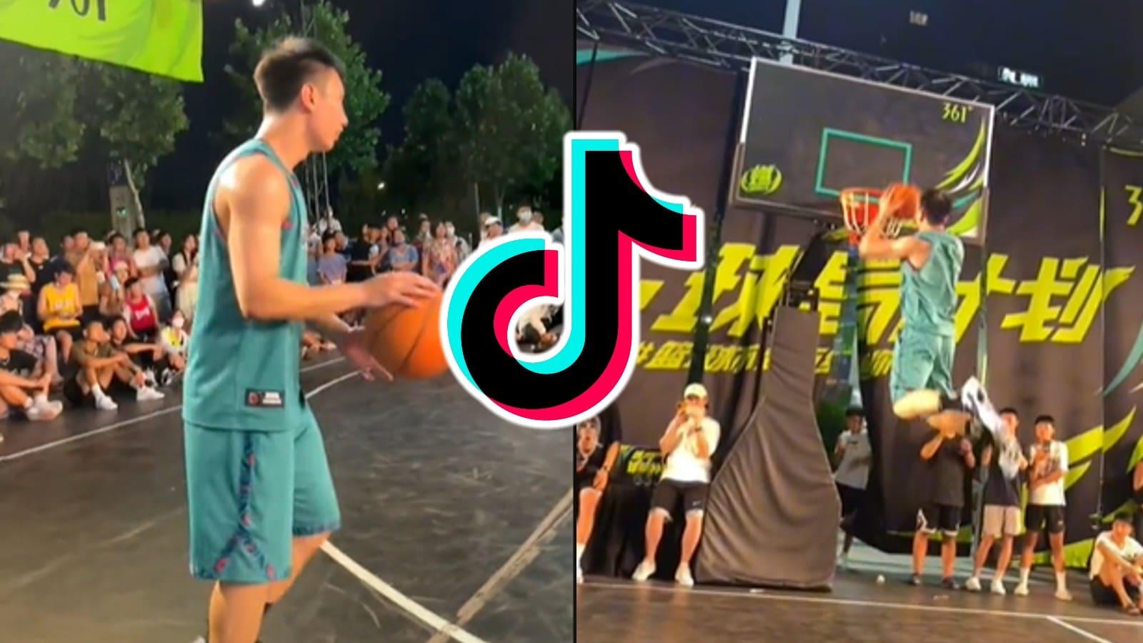 Basketball player doing the "lag" dunk on TikTok with TikTok logo