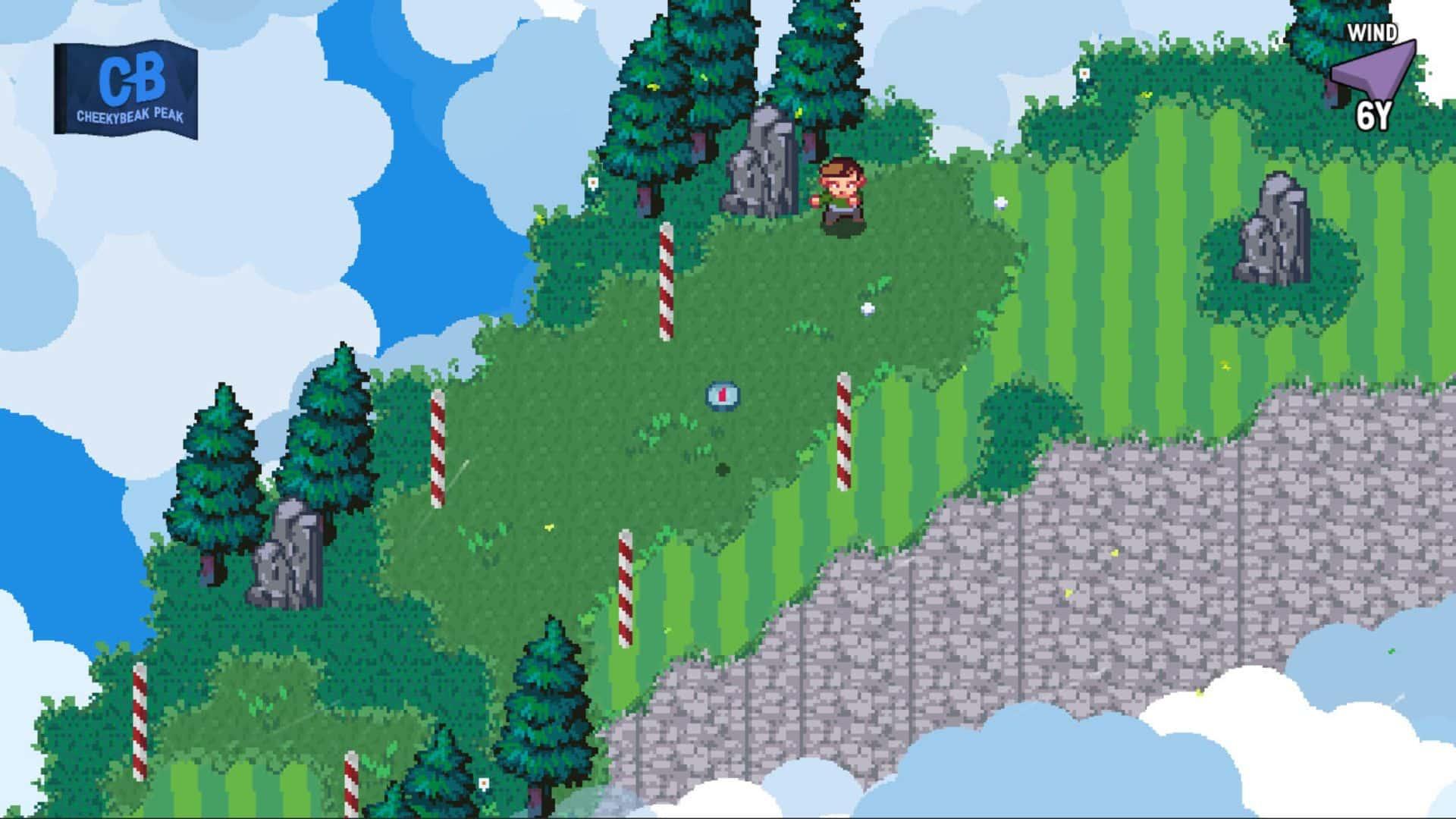 character lining up a shot in golf story, one of the best games on Switch.