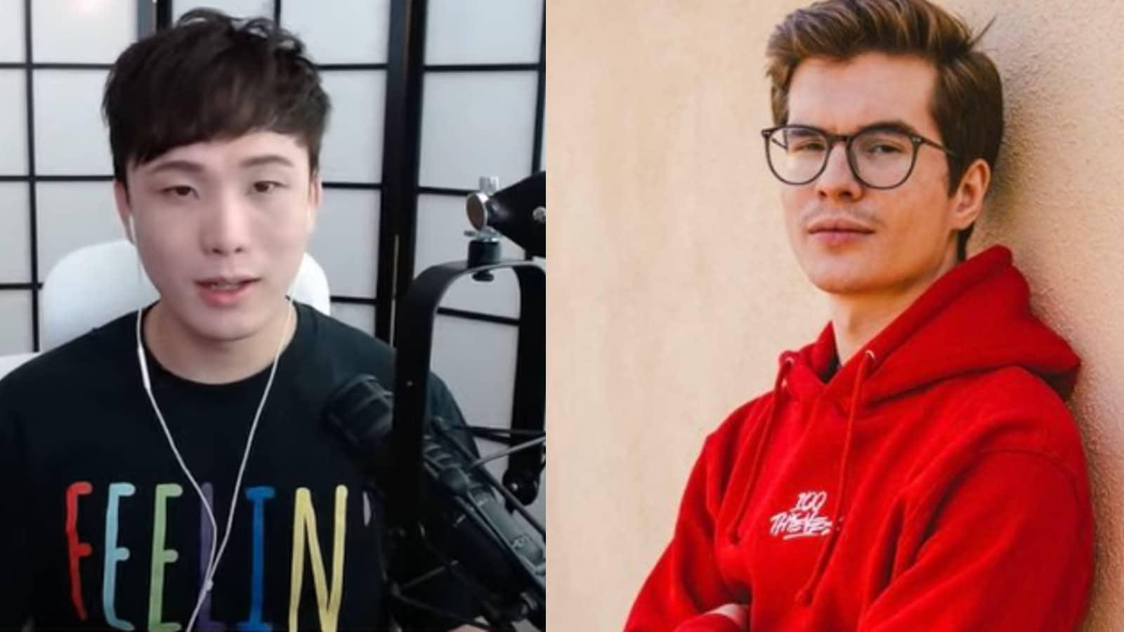 Sykkuno streaming on YouTube and Froste posing in 100 Thieves merch