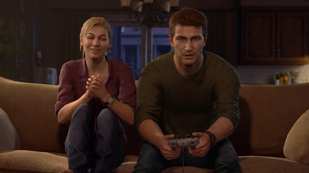 Nathan and Elena playing PlayStation