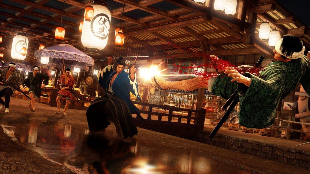 Like A Dragon: Ishin screenshot showing combat at night