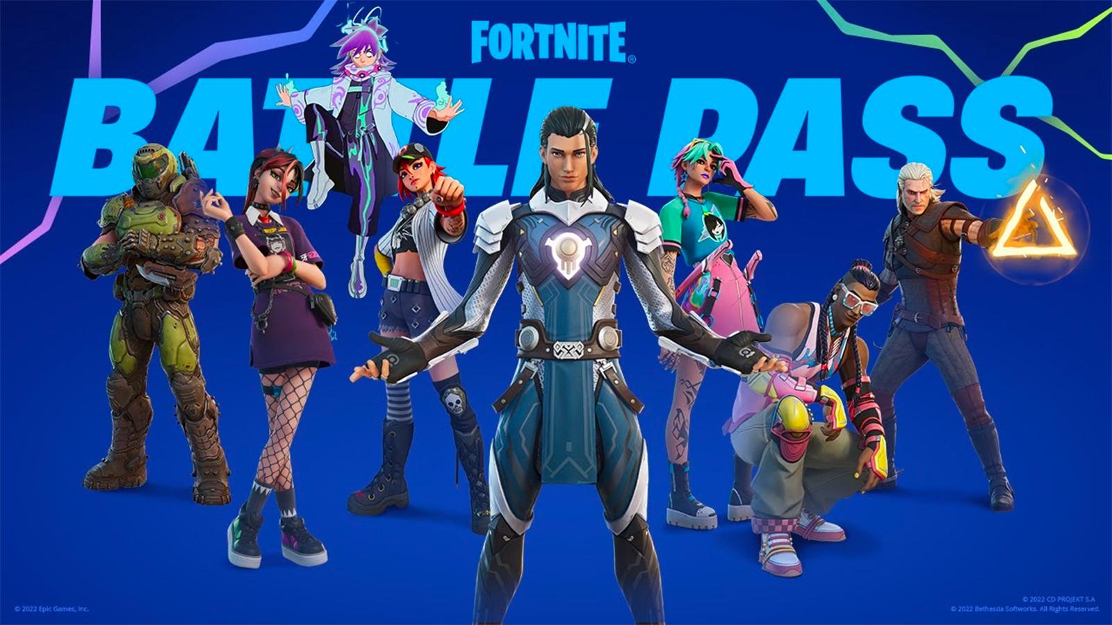 A poster of the new Fortnite Chapter 4 Battle Pass skins