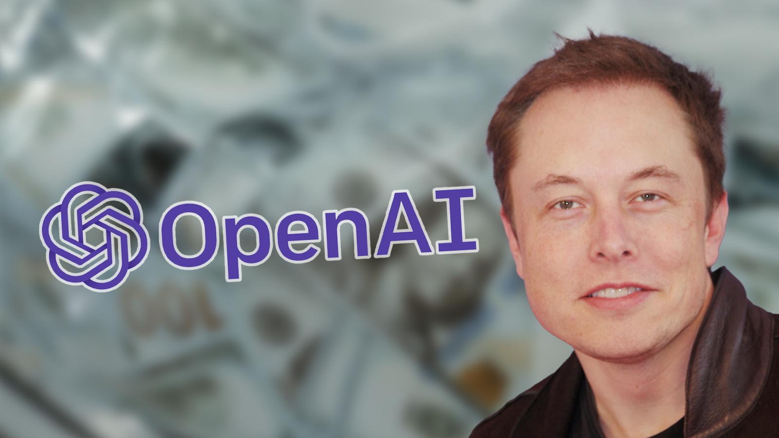 elon musk next to the openai logo and a bag of cash