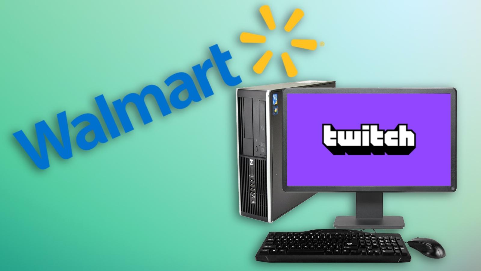 A PC with the Twitch logo alongside the Walmart Logo on a turquoise background