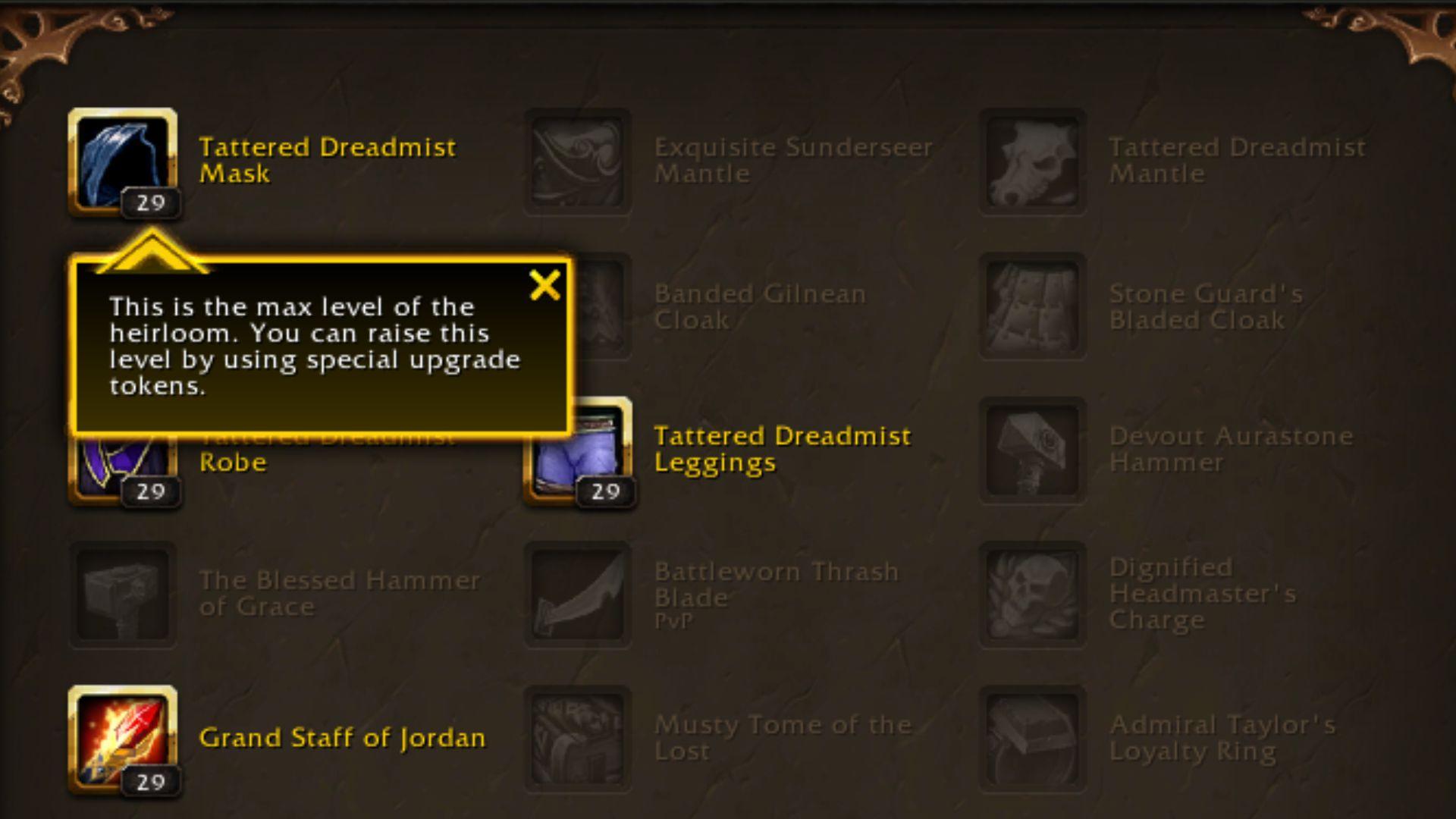 Upgrading Heirlooms in the World of Warcraft collection tab.