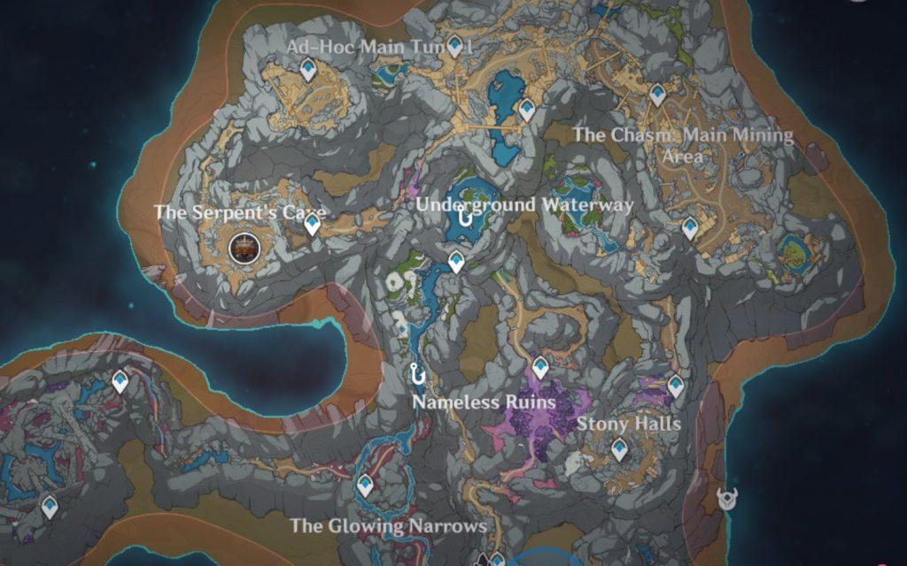 Every fishing location inside the Chasm marked via in-game map