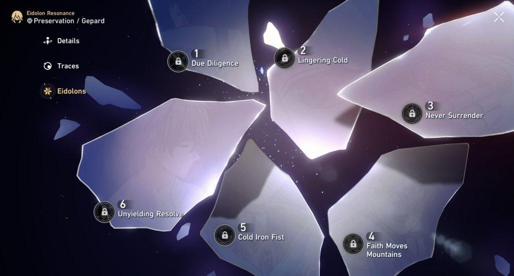 A screenshot of Gepard's Eidolons in Honkai Star Rail