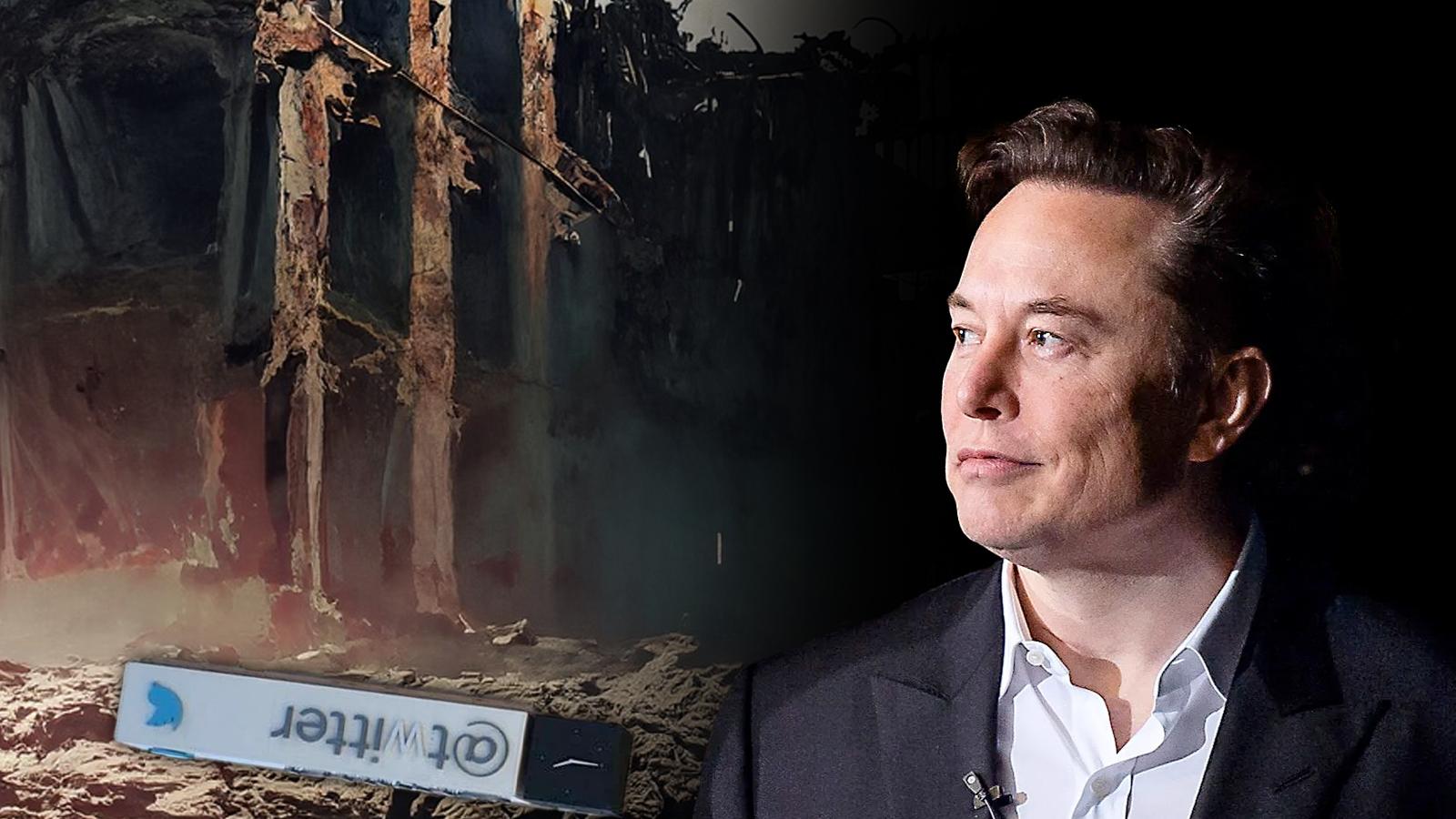 elon musk overlooking a destroyed building, twitter logo