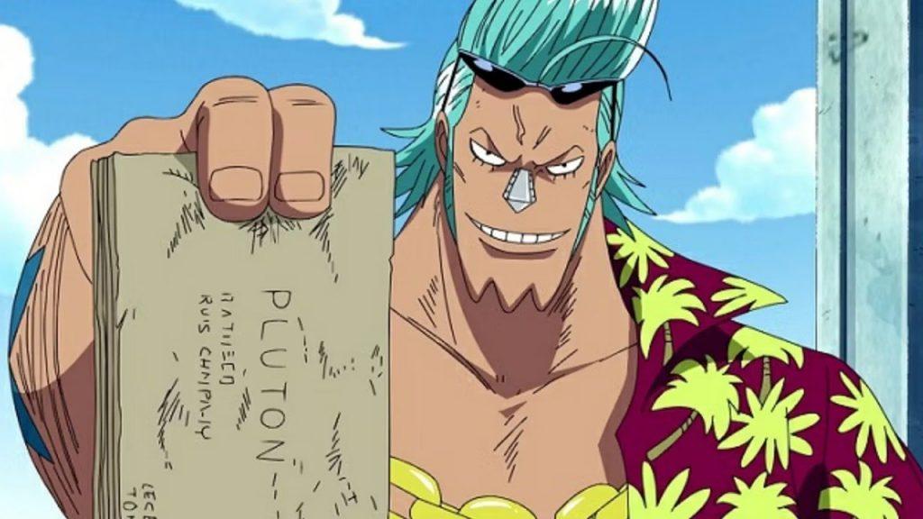 An image of Franky holding the blueprints of Pluton in One Piece