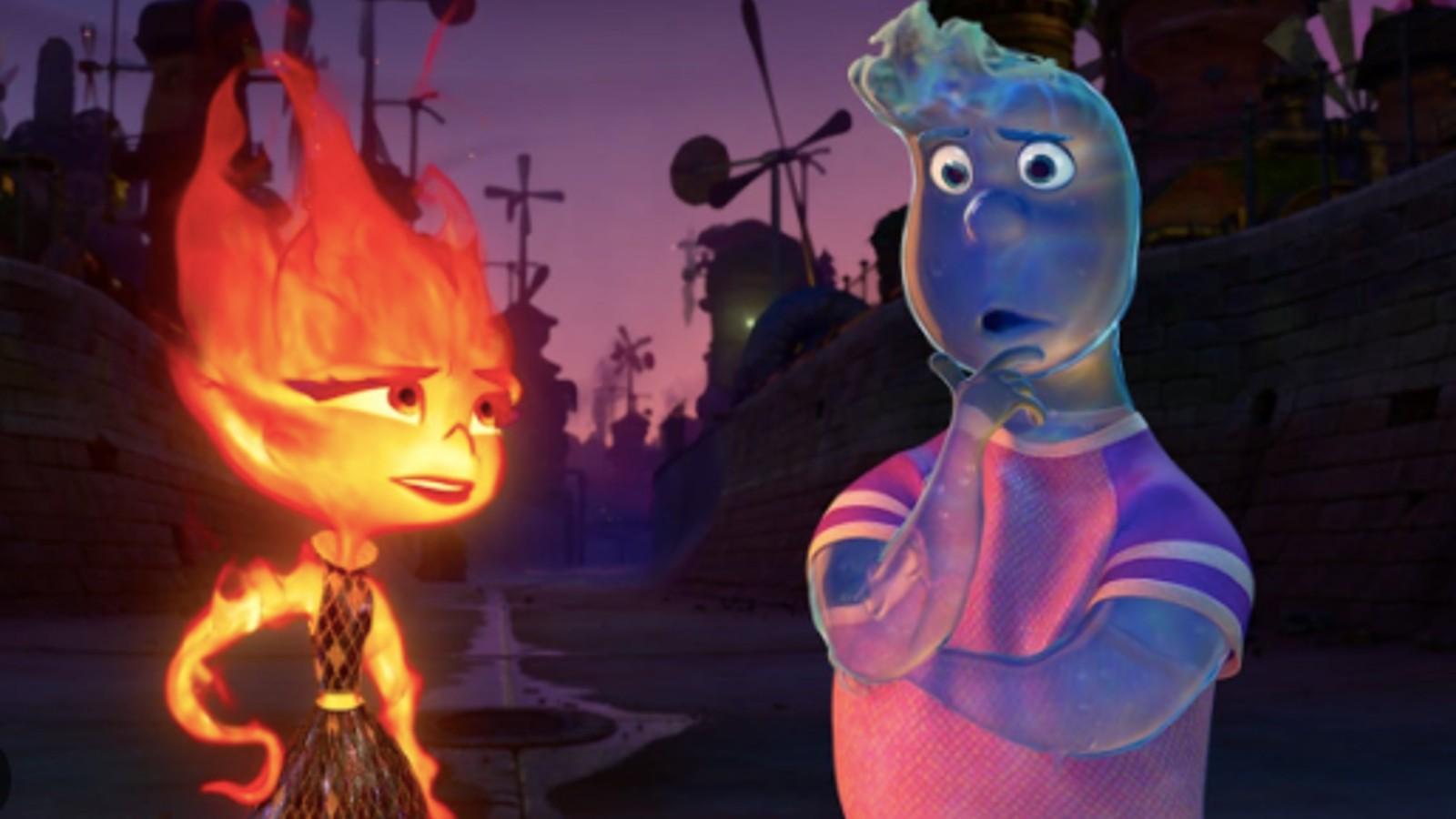 Wade and Ember stand side by side in the movie Elemental