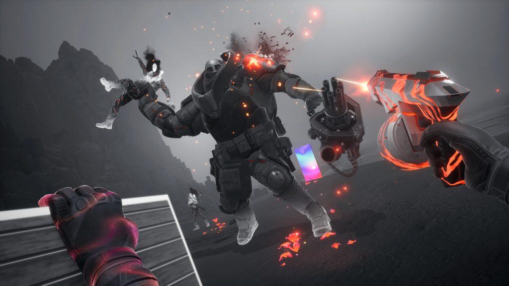 A big enemy is shot by the character in Synapse