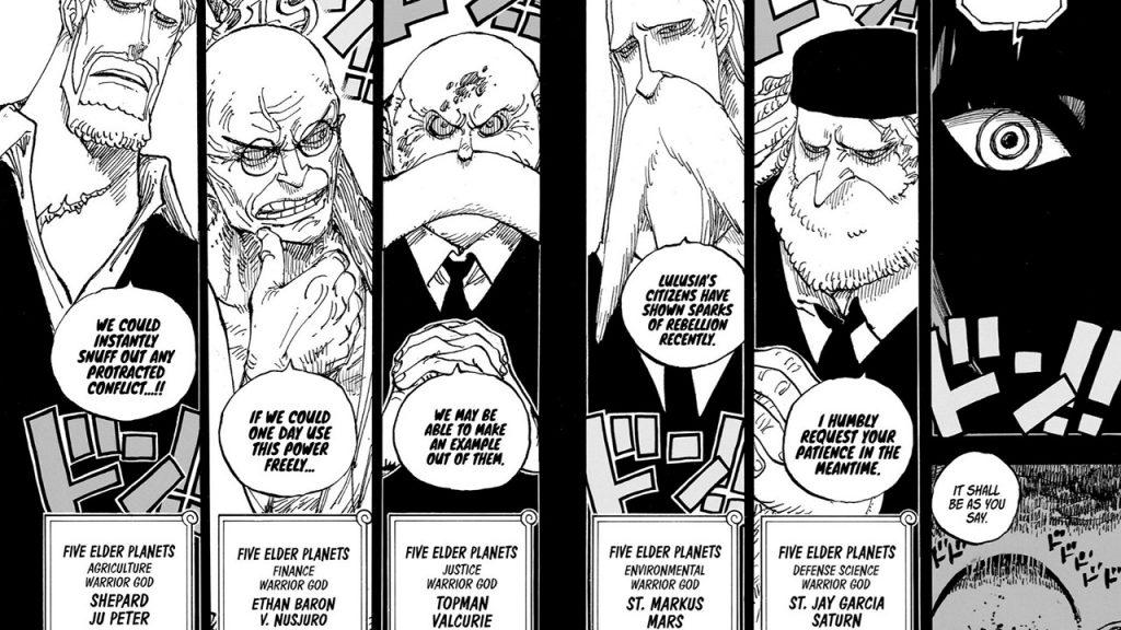 A panel from the One Piece manga revealing the names of Gorosei