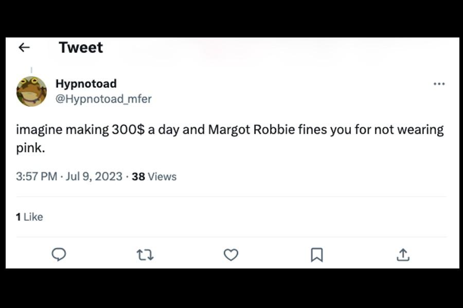 A tweet dissing Margot Robbie fining Barbie cast and crew for not wearing pink