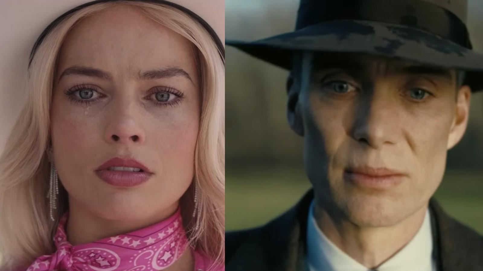 A close up of Margot Robbie as Barbie and Cillian Murphy as Oppenheimer