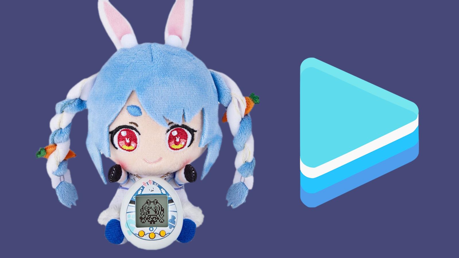 Usada Pekora Tamagotchi and exclusive plushie next to Hololive logo.