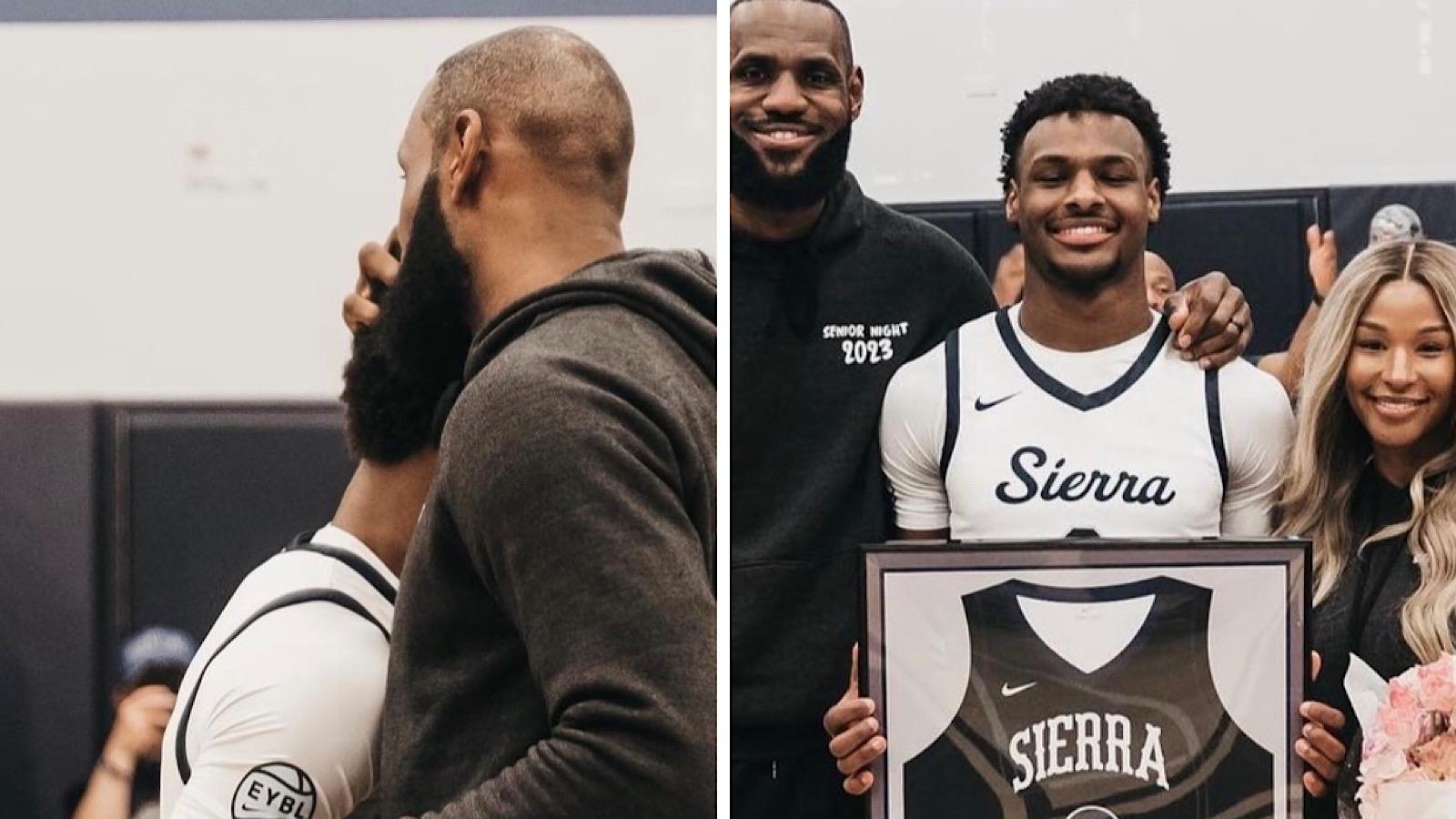 LeBron James with his son Bronny and wife Savannah.