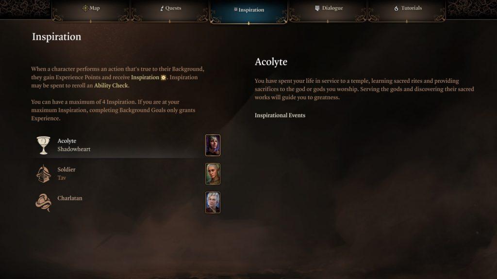 a screenshot of Inspiration screen from Baldur's Gate 3