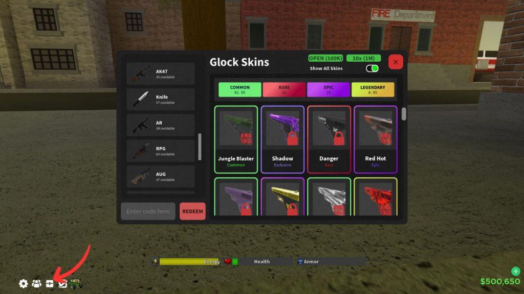 Using codes in Da Hood Roblox