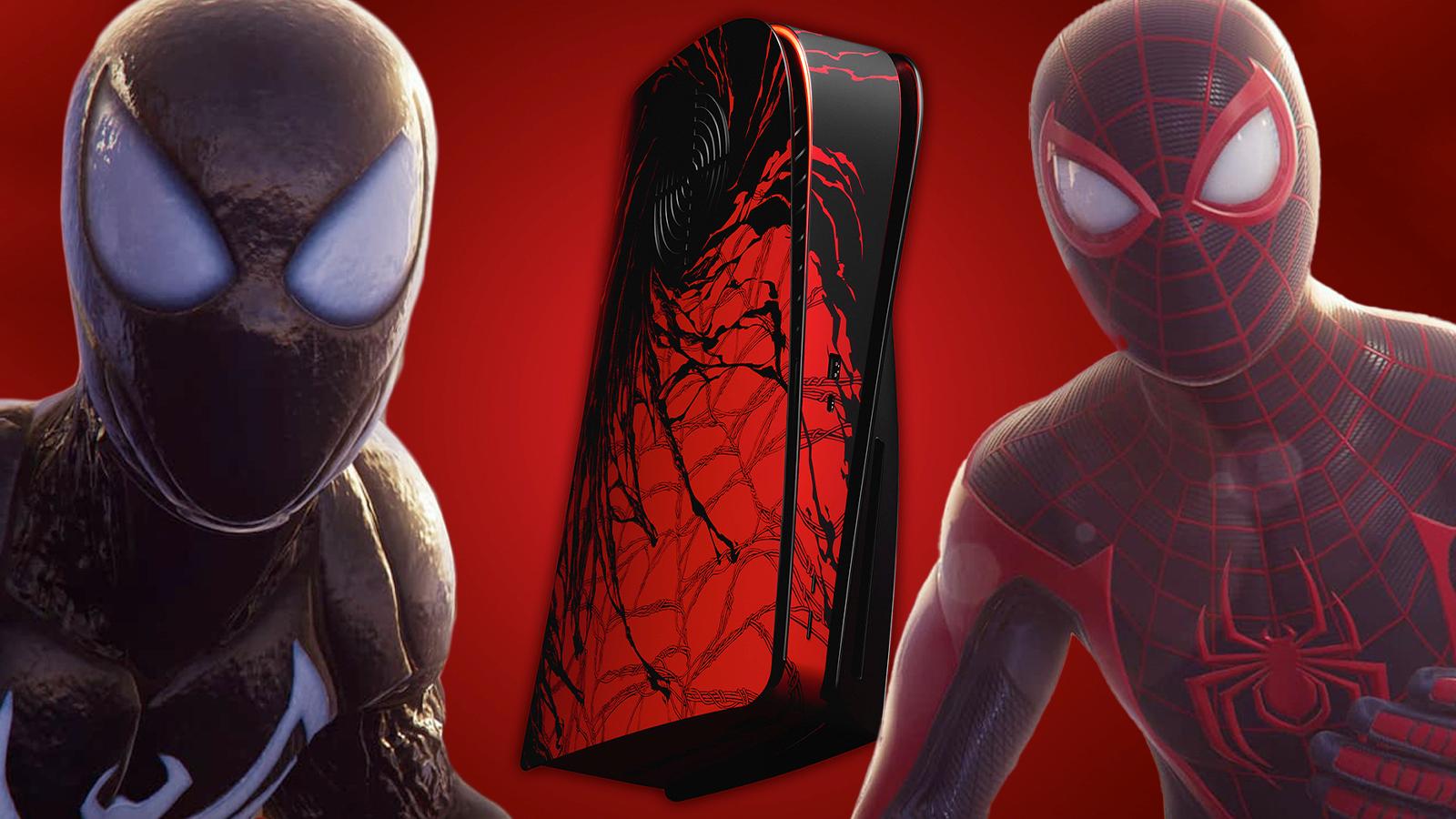 Spider-Man in black suit, and Spider-Man in a red and black suit, with a PS5 with dbrand's skin on it