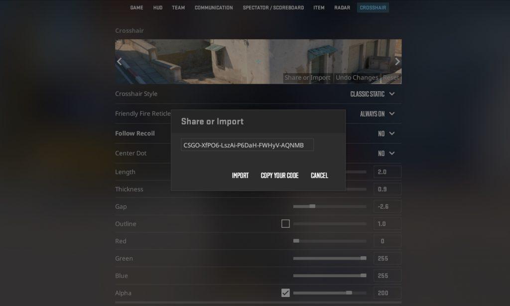 cs2 import crosshair code settings