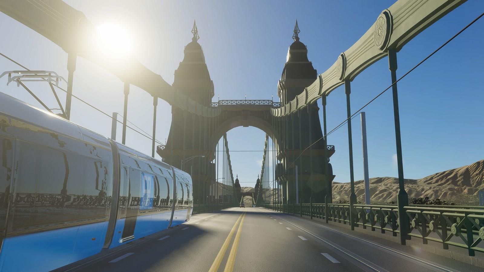 A bridge illuminated by the sun in Cities Skylines 2