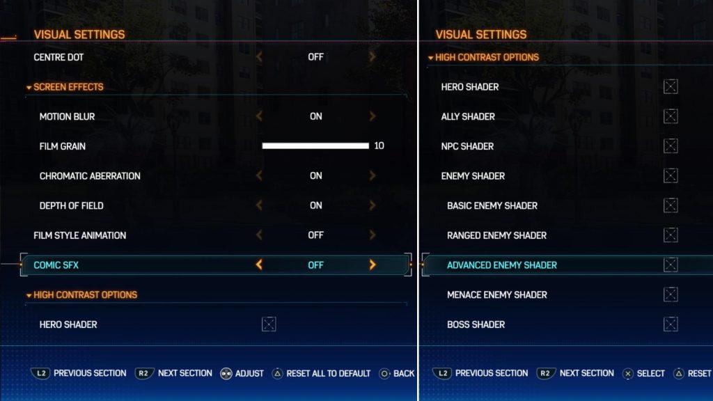 Visual Settings expanded options in Spider-Man 2