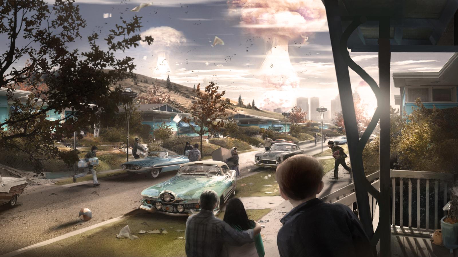 Citizens stare at the bombs dropping in Fallout