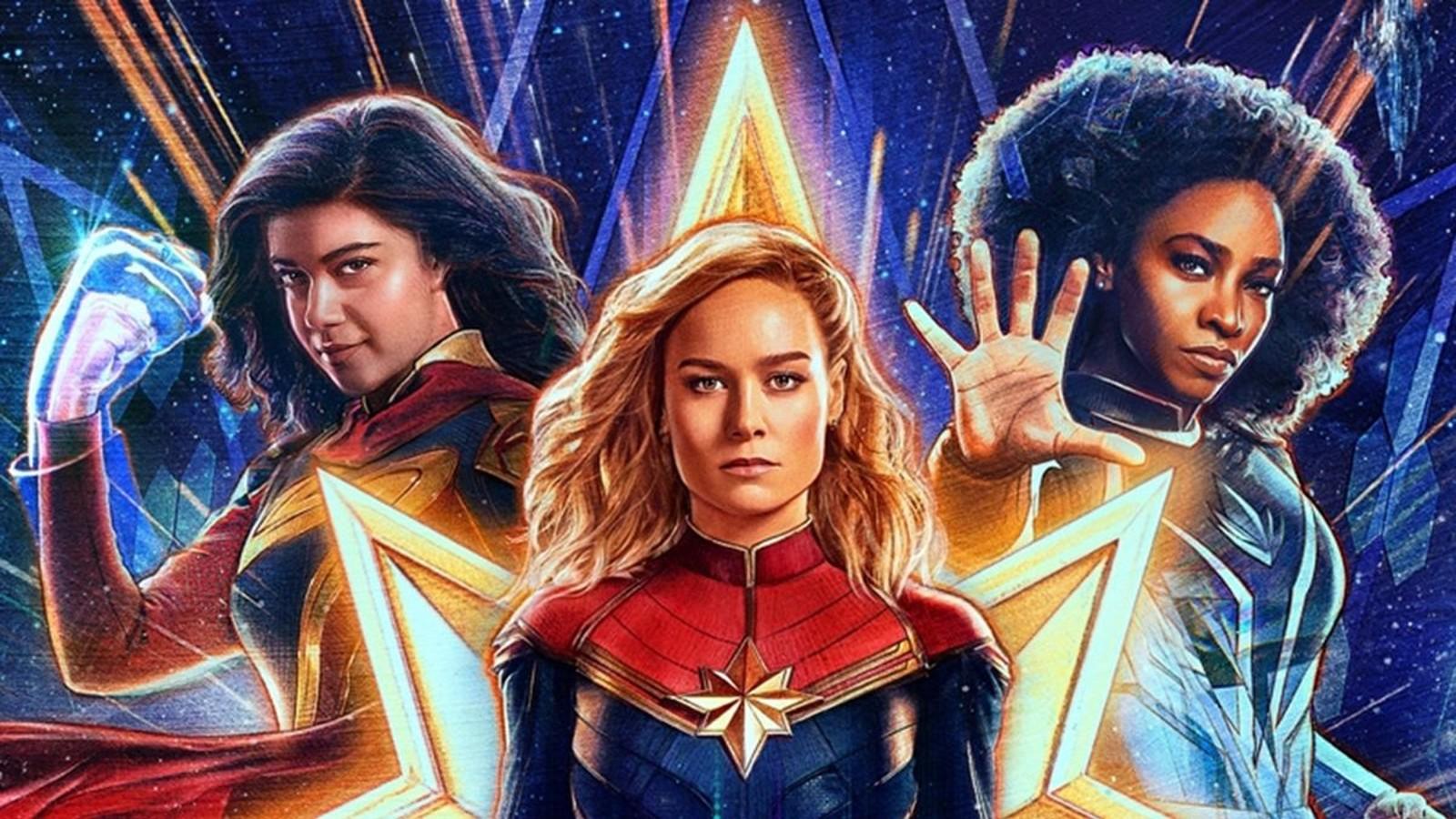 Kamala, Carol, and Monica on The Marvels poster.