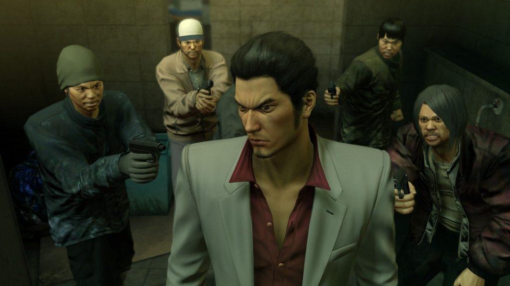 Kiryu surrounded by goons in Yakuza Kiwami