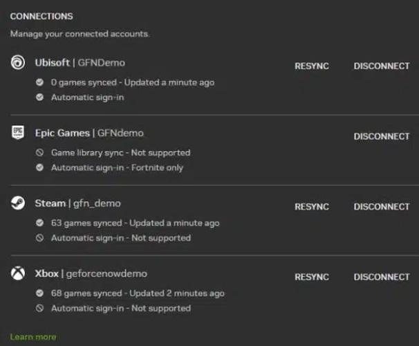 GeForce Now connections page